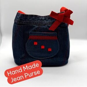 Handmade Denim Jean Purse Red Trim Bow Accent Snap Closure
